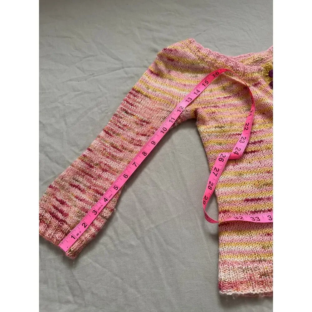 Handmade Knit Merino Wool Yellow Pink Button Up Cardigan Sweater Spring
